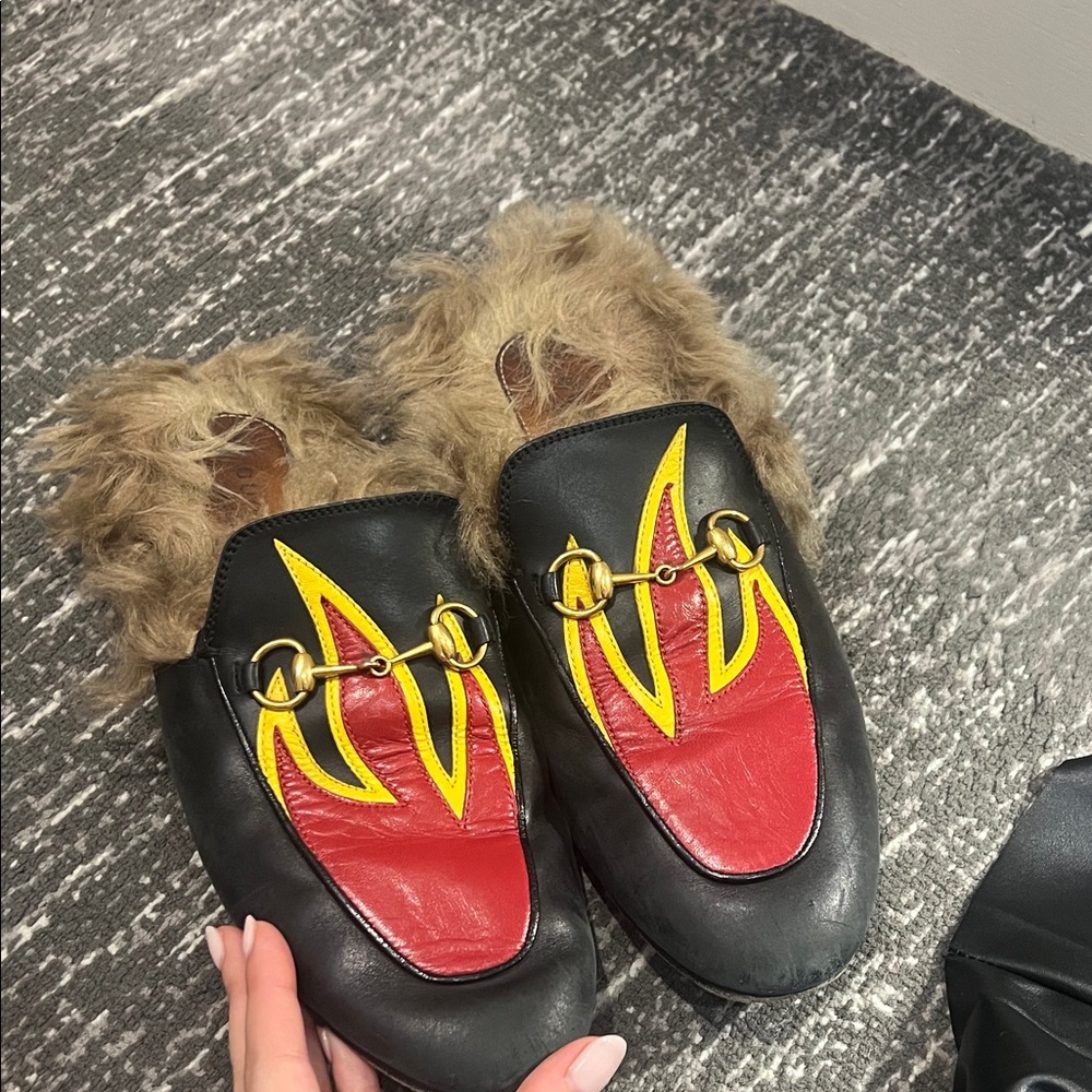 Gucci Black Leather Mules with Red and Yellow Flame Accents